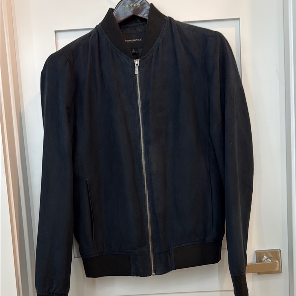 Blue Bomber Jacket with Stand-Up Collar and Slim Fit